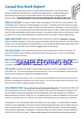 Cereal Box Book Report Template 3 pdf free